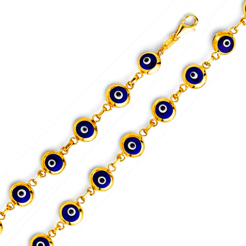 Round Blue Evil Eye Charms Bracelet - 14K Yellow Gold 7.5in