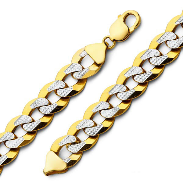 Men's 12mm 14K Two-Tone Gold White Pave Curb Cuban Link Chain Bracelet 8.5in