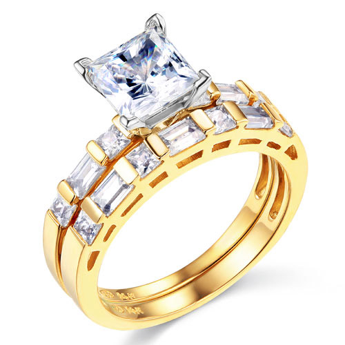 1.25 CT Princess-Cut & Side Baguette CZ Wedding Ring Set in 14K Yellow Gold