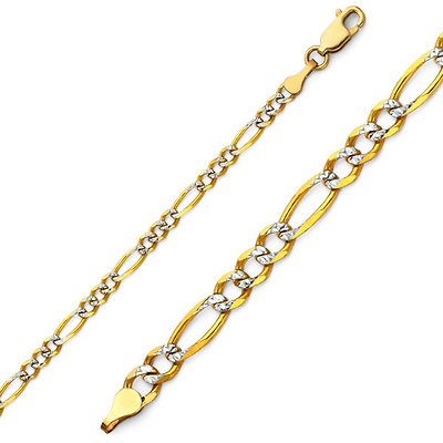 3mm 14K Two-Tone Gold White Pave Figaro Link Chain Bracelet 7in