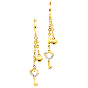 14K Yellow Gold Fancy Heart Key CZ Cubic Zirconia Dangle Hanging Earrings