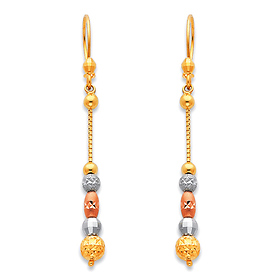 Long 5-Beaded Diamond-Cut Dangle Earrings in 14K Tricolor Gold 50mm
