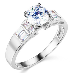 1-CT Round & Side Princess Baguette CZ Engagement Ring in 14K White Gold