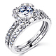 Squared Halo Baguette & Round-Cut CZ Wedding Ring Set in 14K White Gold thumb 0