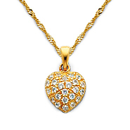 CZ Cluster Petite Heart Charm Necklace with Singapore Chain - 14K Yellow Gold 16-22in