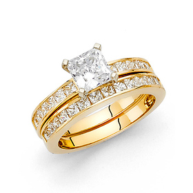 4-Prong Princess-Cut & Channel Side 1.25CT CZ Wedding Ring Set in 14K Yellow Gold