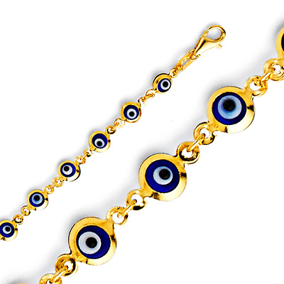 Petite Round Blue Evil Eye Charms Bracelet - 14K Yellow Gold 7in