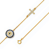 Blue CZ Round Evil Eye & Cross Charm Bracelet - 14K Yellow Gold