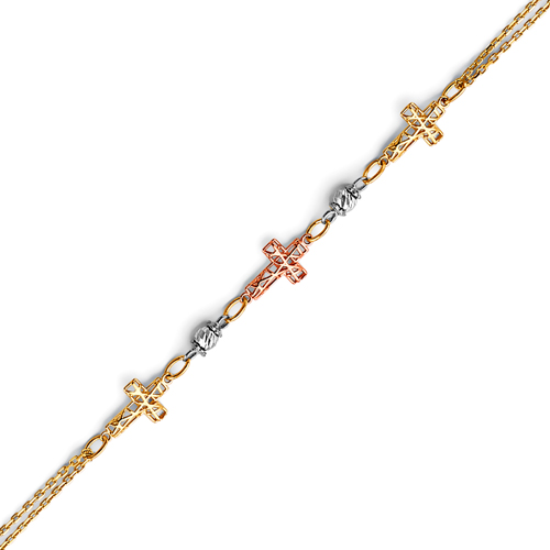 Tri Open-Cut Sidways Cross Bracelet in 14K Tricolor Gold Solid