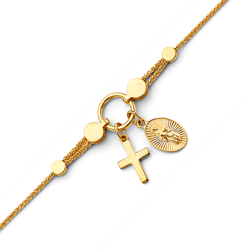 Dangling Cross & Our Lady of Guadalupe Medal Charm Bracelet in 14K Yellow Gold