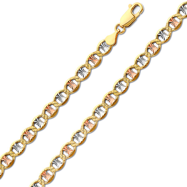 5.4mm 14K Tricolor Gold Solid Star Diamond-Cut Mariner Chain Bracelet 7.5in