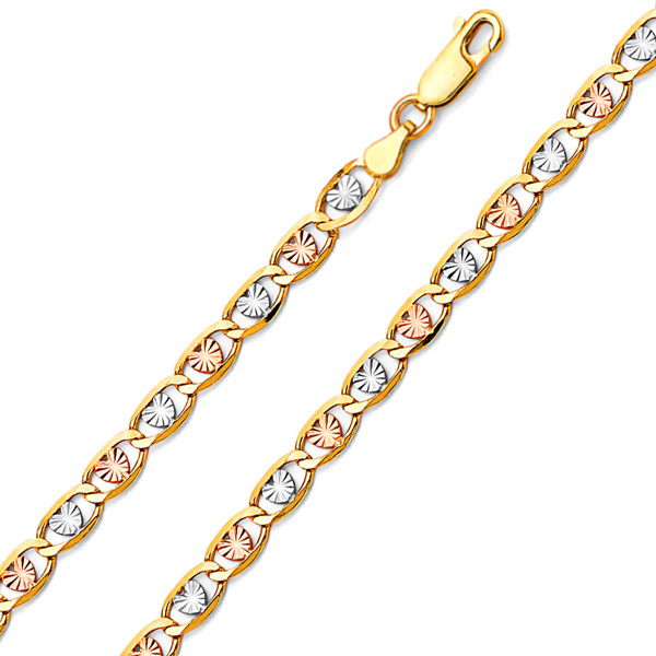 4.2mm 14K Tricolor Gold Solid Heart Star Diamond-Cut Valentino Chain Bracelet 7.5in