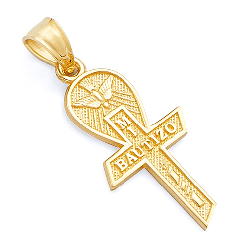 Petite My Baptism in Spanish Text Cross Pendant in 14K Yellow Gold