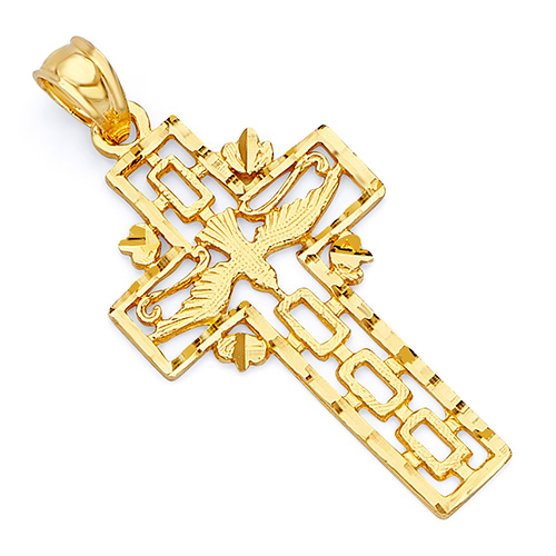Small Holy Spirit Dove Cross Pendant in 14K Yellow Gold