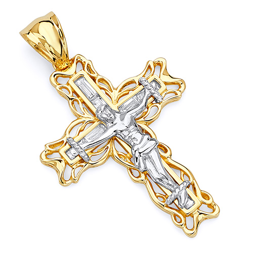 Large Open Ivy CZ Crucifix Pendant in 14K Two-Tone Gold