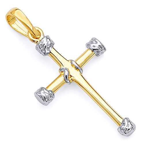 14K Two-Tone Gold Tube Cross Religious Pendant