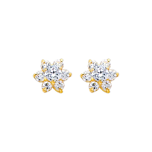 Flower Birthstone Color CZ Stud Earrings in 14K Yellow Gold