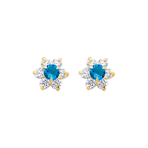 Flower Birthstone Color CZ Stud Earrings in 14K Yellow Gold