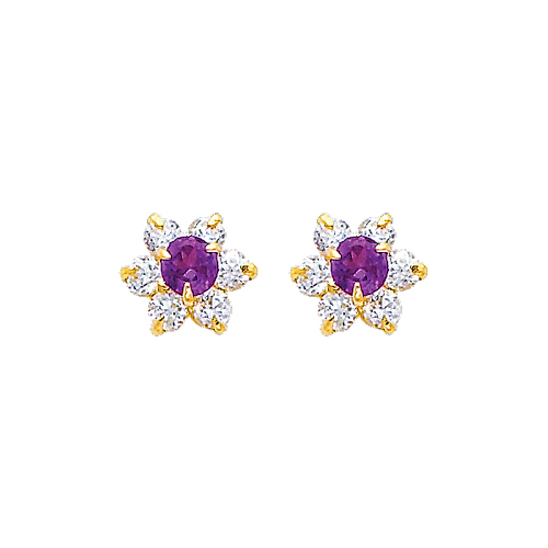 Flower Birthstone Color CZ Stud Earrings in 14K Yellow Gold
