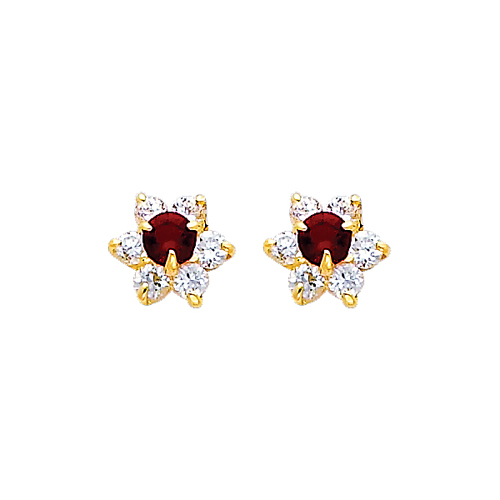 Flower Birthstone Color CZ Stud Earrings in 14K Yellow Gold