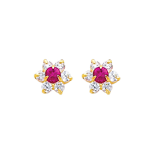 Flower Birthstone Color CZ Stud Earrings in 14K Yellow Gold