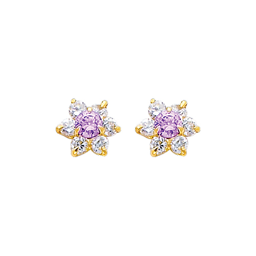 Flower Birthstone Color CZ Stud Earrings in 14K Yellow Gold