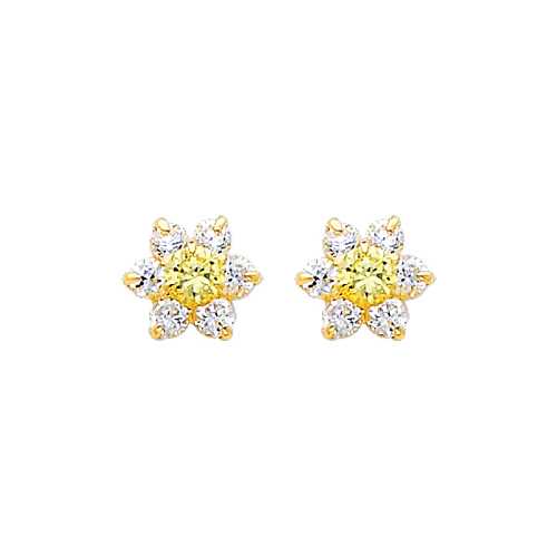 Flower Birthstone Color CZ Stud Earrings in 14K Yellow Gold