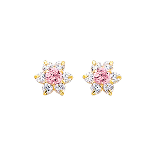 Flower Birthstone Color CZ Stud Earrings in 14K Yellow Gold