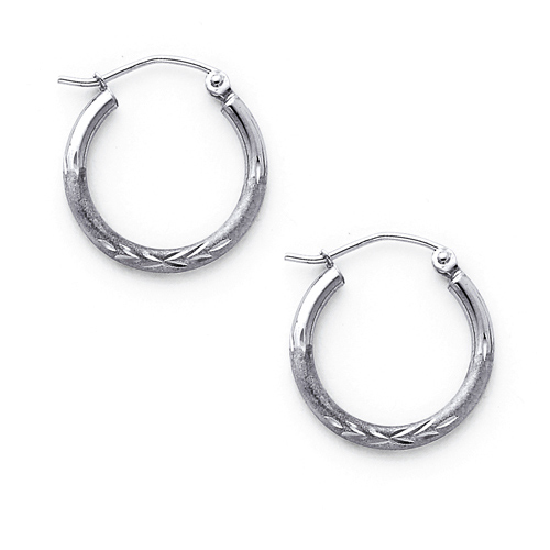 Diamond-Cut Satin Hinge Small Hoop Earrings - 14K White Gold 2mm x 0.7 inch