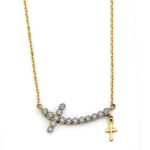 CZ Curved Sideways Cross Necklace with Mini Charm - 14K Yellow Gold Solid