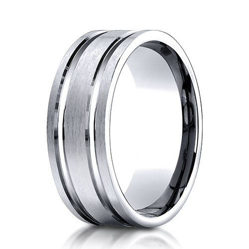 8mm 14K White Gold Parallel Grooves Benchmark Wedding Band