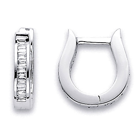14K White Gold Baguette Cut Diamond Huggie Earrings .19ctw