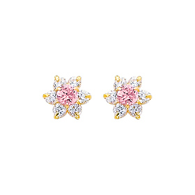 Flower Birthstone Color CZ Stud Earrings in 14K Yellow Gold