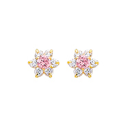 Flower Birthstone Color CZ Stud Earrings in 14K Yellow Gold
