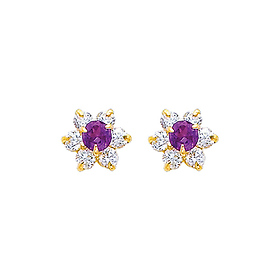 Flower Birthstone Color CZ Stud Earrings in 14K Yellow Gold