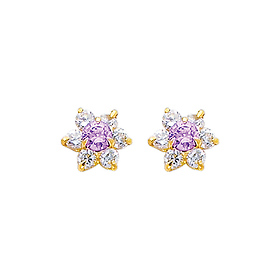 Flower Birthstone Color CZ Stud Earrings in 14K Yellow Gold