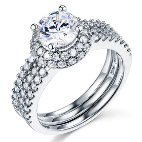 Split Shank Halo Round-Cut CZ Engagement Ring Set in 14K White Gold ...