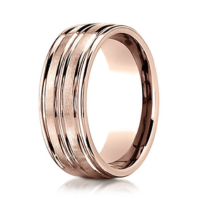 8mm Domed Striped Satin Wedding Band by Benchmark Rings in 14K Rose Gold
