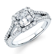 Halo Split Shank 1CT Princess Diamond Engagement Ring - White Gold 1.7ctw