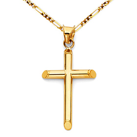 Small Rod Cross Necklace with Figaro Chain - 14K Yellow Gold (16-24in)