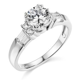 1.25CT Round & Baguette Double-Prong CZ Engagement Ring in 14K White Gold