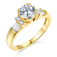 1.25CT Round & Baguette Double-Prong CZ Engagement Ring in 14K Yellow Gold