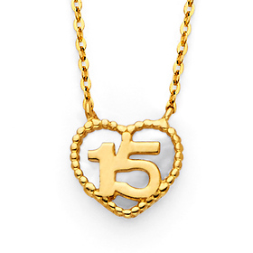 Floating Milgrain Heart Quinceanera 15 Anos Necklace in 14K Yellow Gold