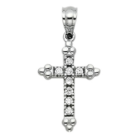 Petite Budded Pave CZ Cross Pendant in 14K White Gold
