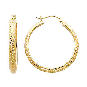 14K Yellow Gold Medium Round Diamond-Cut Hoop Earrings - 3.5mm x 1.1 inch