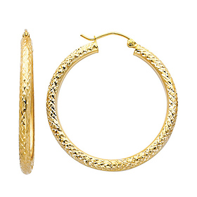 Medium Rounded Diamond-Cut Hoop Earrings - 14K Yellow Gold 3mm x 1.3 inch