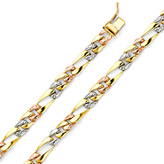 6mm Men's 14K Tricolor Gold Oval Nugget Figaro Chain Bracelet 7in