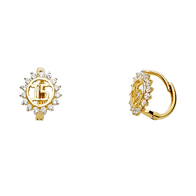 Quinceanera Cubic Zirconia Huggie Hoop Earrings - 14K Yellow Gold