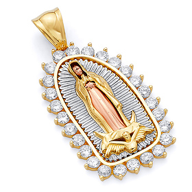 14K Tricolor Gold Halo CZ Our Lady of Guadalupe Pendant - Large
