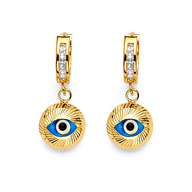 CZ Round Evil Eye Drop Earrings in 14K Yellow Gold
